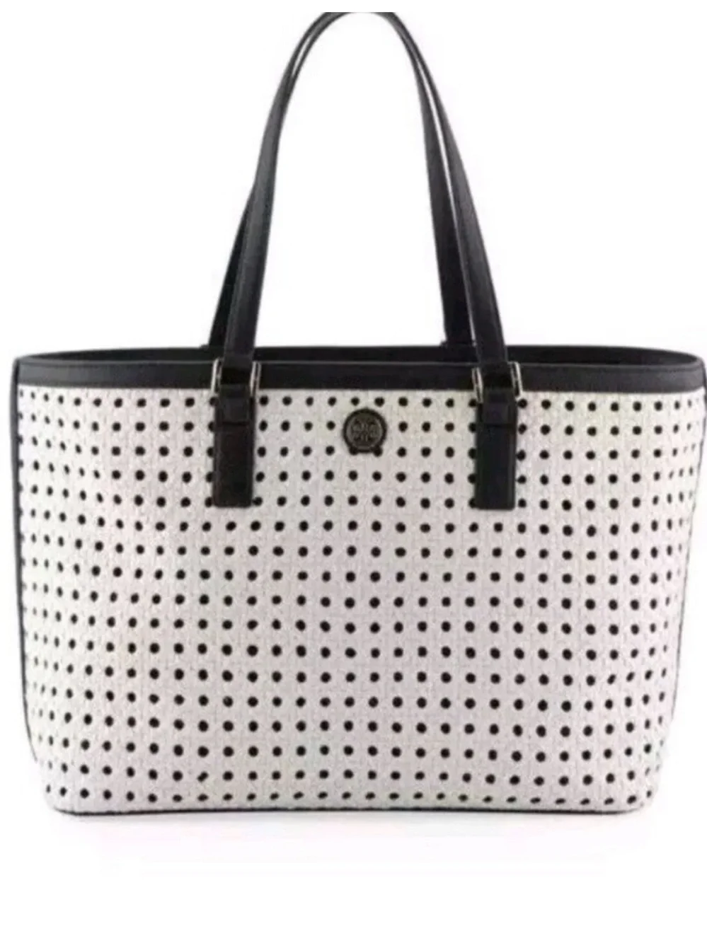Tory Burch White Perforated Robinson Basket Weave Tote Bag with Navy Blue